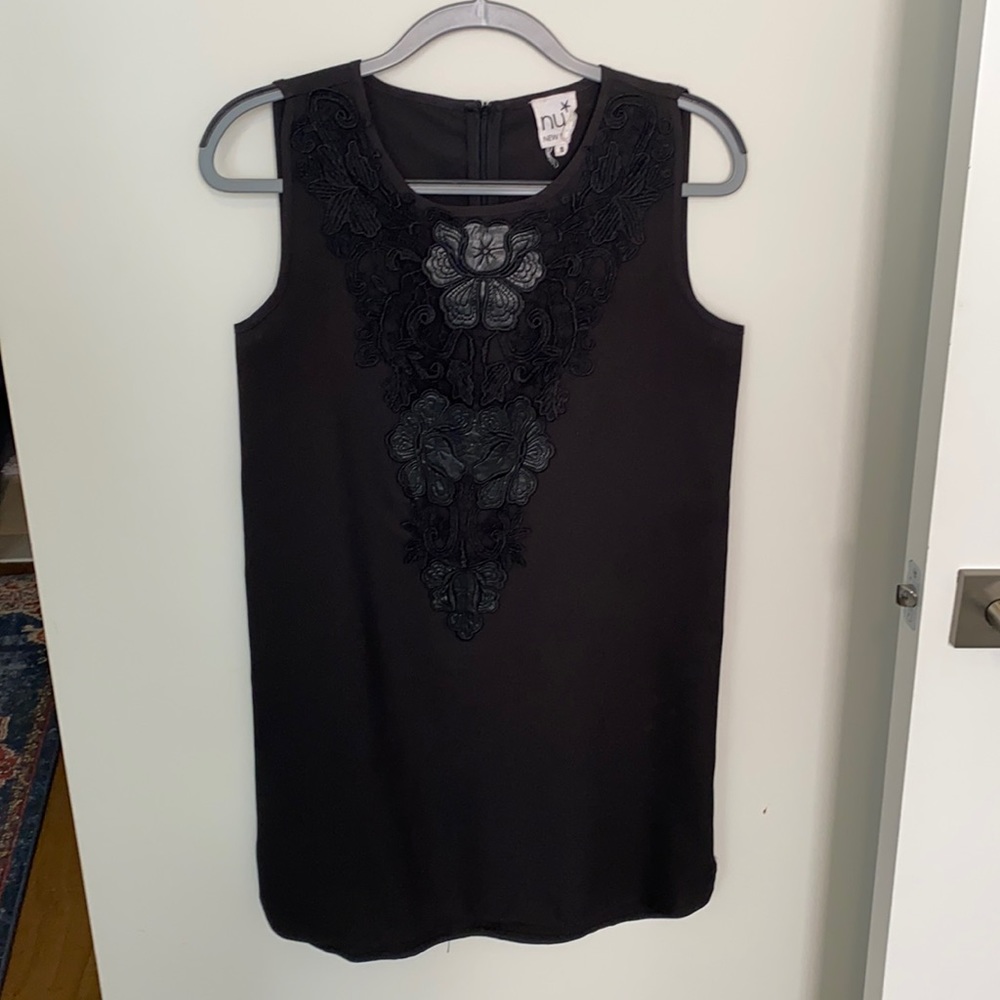 Black shirt dress, lace & leather embellished